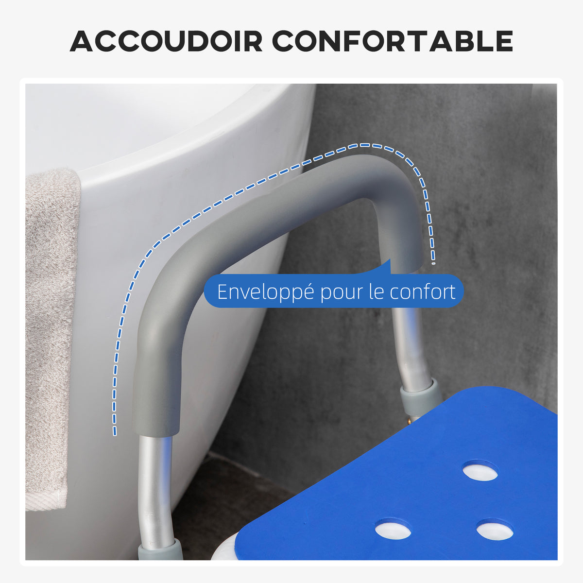 Tabouret de douche chaise de douche ergonomique hauteur réglable pieds antidérapants 56,5 x 53,5 x 87 cm blanc et bleu-4