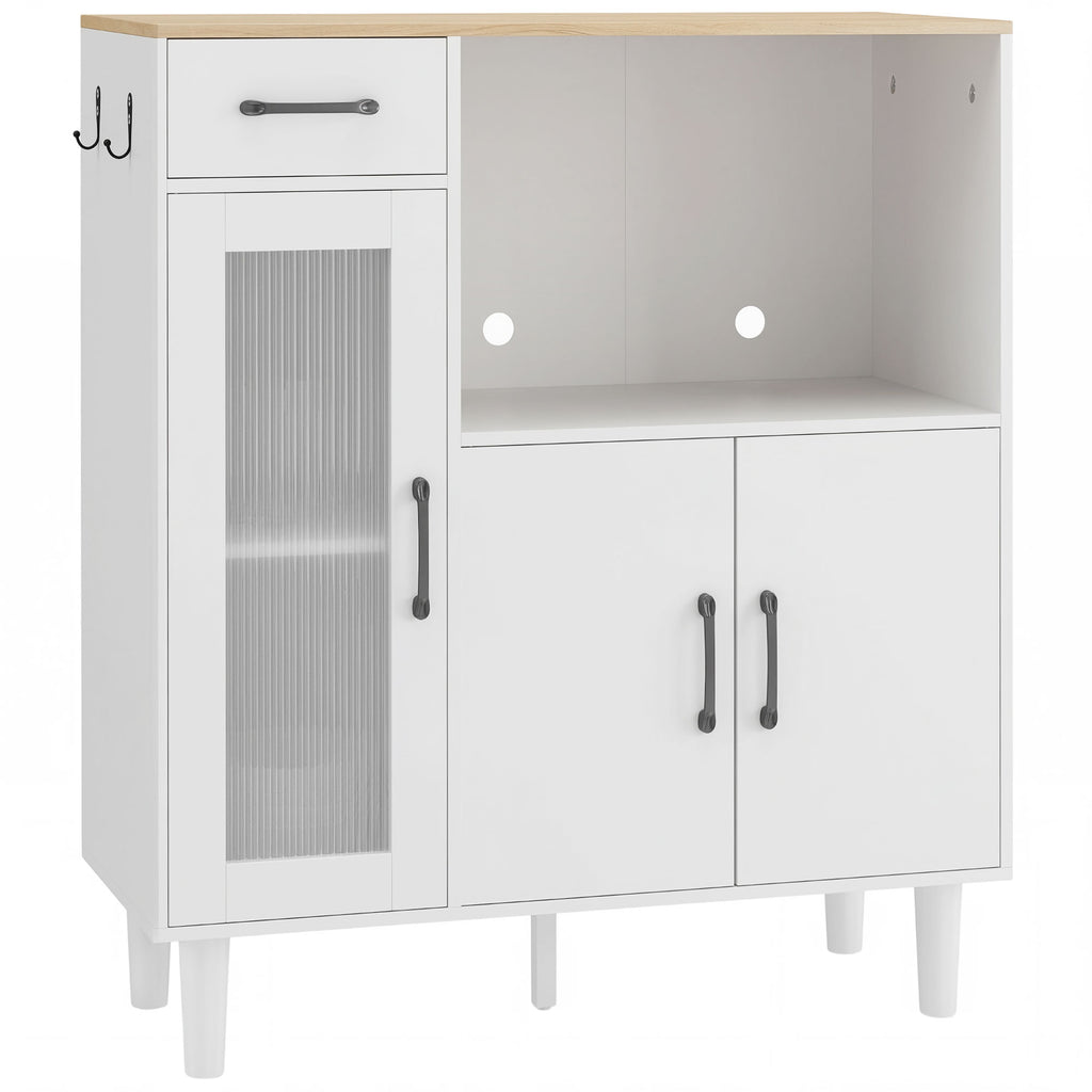 Buffet cuisine, meuble de rangement avec tiroir, 3 portes dont 1 en acrylique cannelée, étagère ouverte, blanc et chêne-0