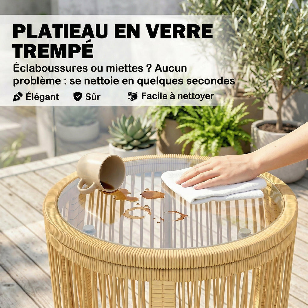 Ensemble Bistro Salon de Balcon 3 Pièces 2 Fauteuils Confortables et Table en Verre Trempé Coussins Déhoussables Beige-7
