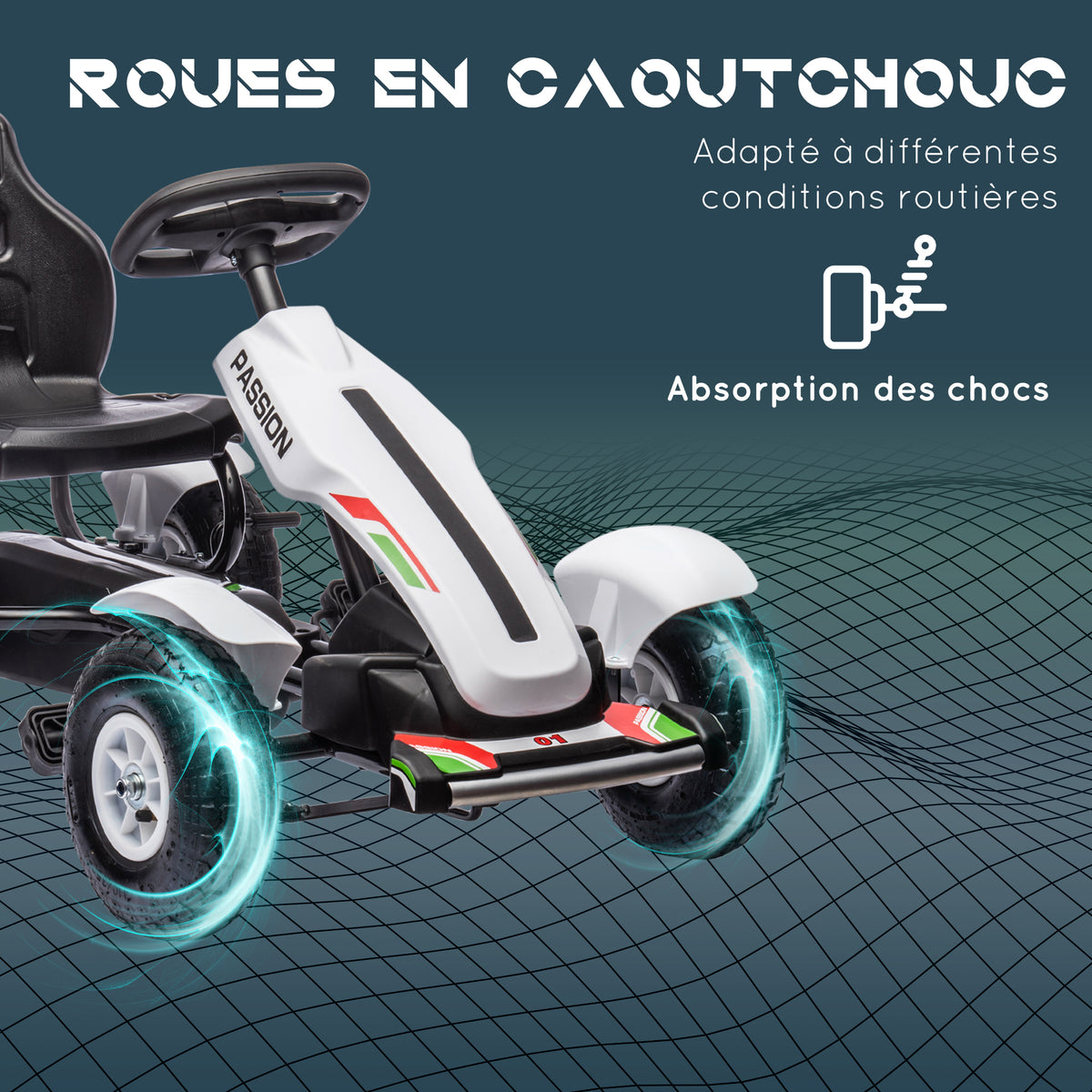Kart à pédales pour enfant siège réglable 3 positions frein à main enfant de 5 à 12 ans blanc noir-5