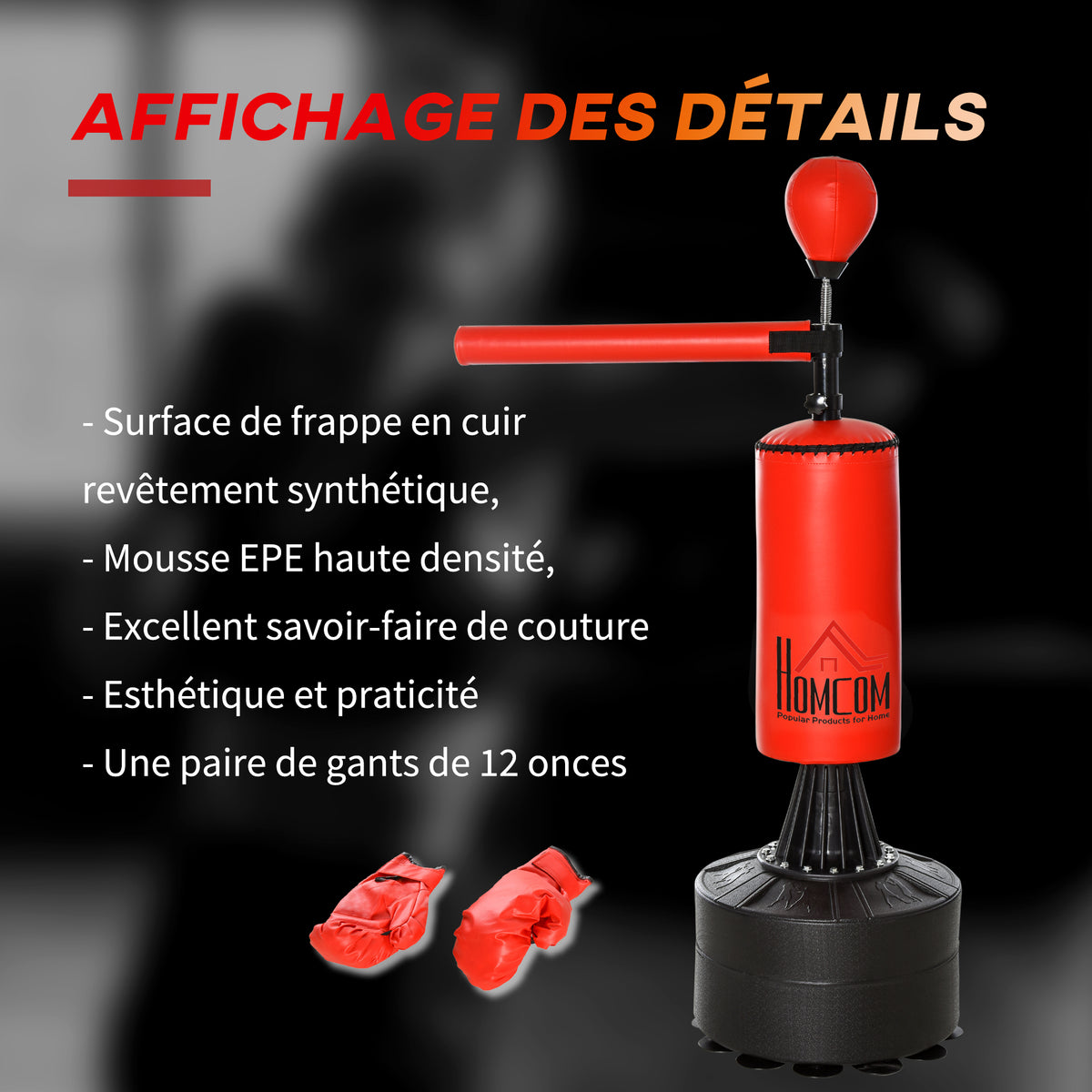 Sac de frappe sur pieds punching ball brunier 3 en 1 avec ballon de vitesse bras flexible rotatif hauteur réglable revêtement synthétique base HDPE dim. 88L x 48l x 155-205H cm noir rouge-4