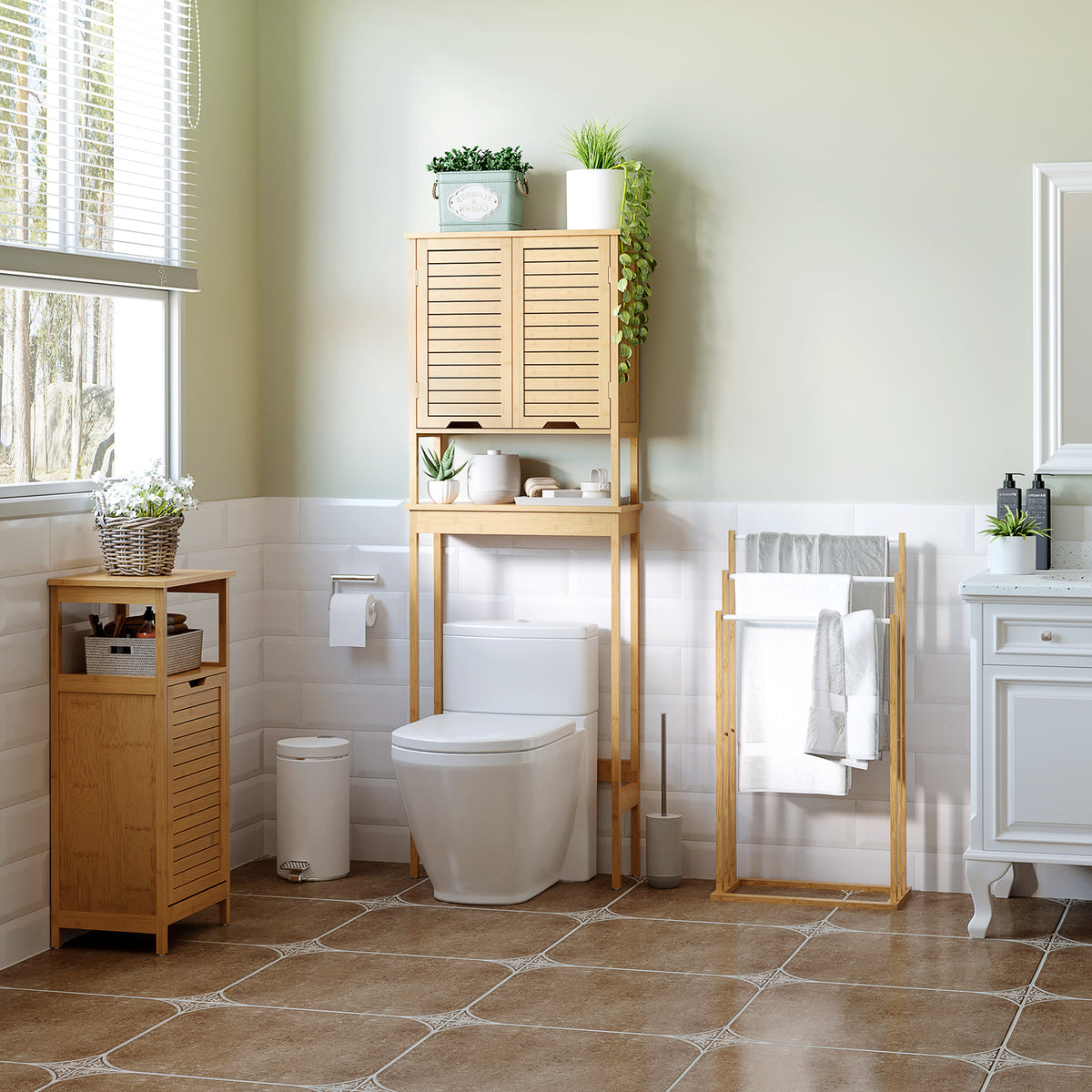 Porte-serviettes en bambou sur pieds avec 3 barres support pour serviette étagère de salle de bain - 48 x 25,8 x 94 cm-1