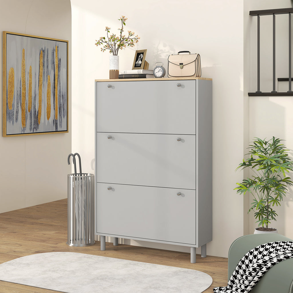 Meuble à chaussures 24 paires avec 3 tiroirs rabattables et étagères réglables, 80x23,5x121cm, gris-7