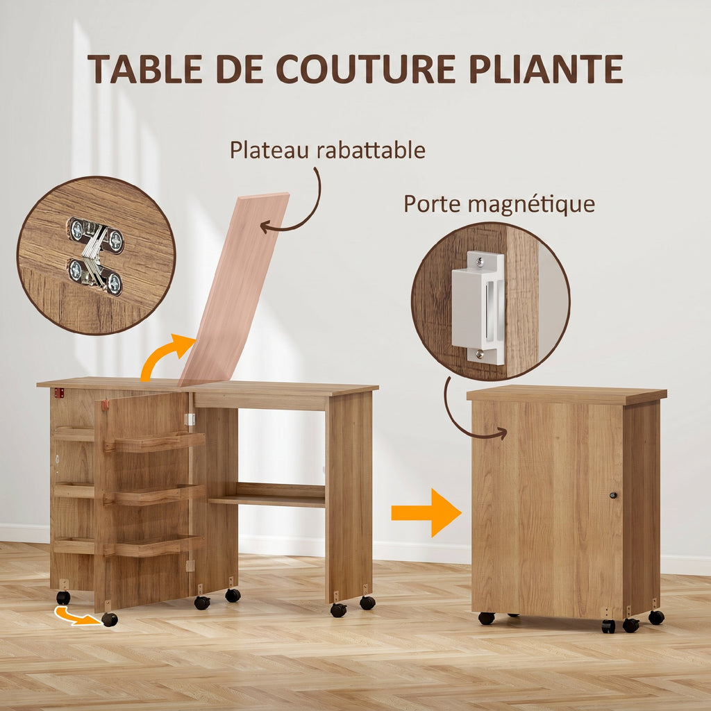Table de couture pliante meuble couture à abattant avec bacs de rangement, étagère ouverte et roulettes, marron-3