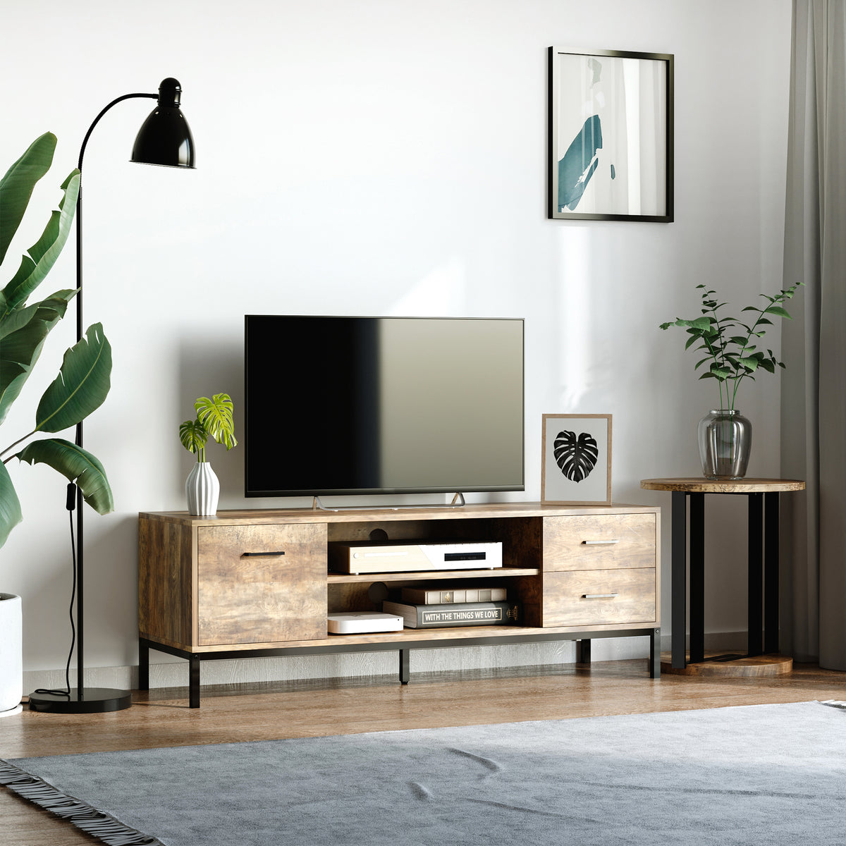 Meuble TV banc TV jusqu'à 50 pouces placard, 2 tiroirs et étagère - 2 passe-câbles - 132 x 39 x 45,5 cm marron noir-1