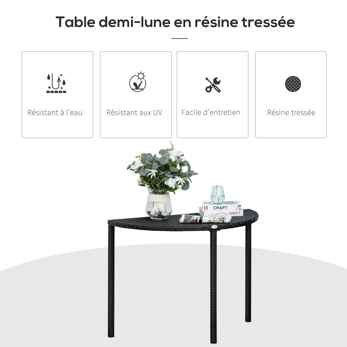 Table de jardin demi cercle - table de balcon demi lune - 100L x 50l x 74H cm résine tressée 4 fils imitation-4