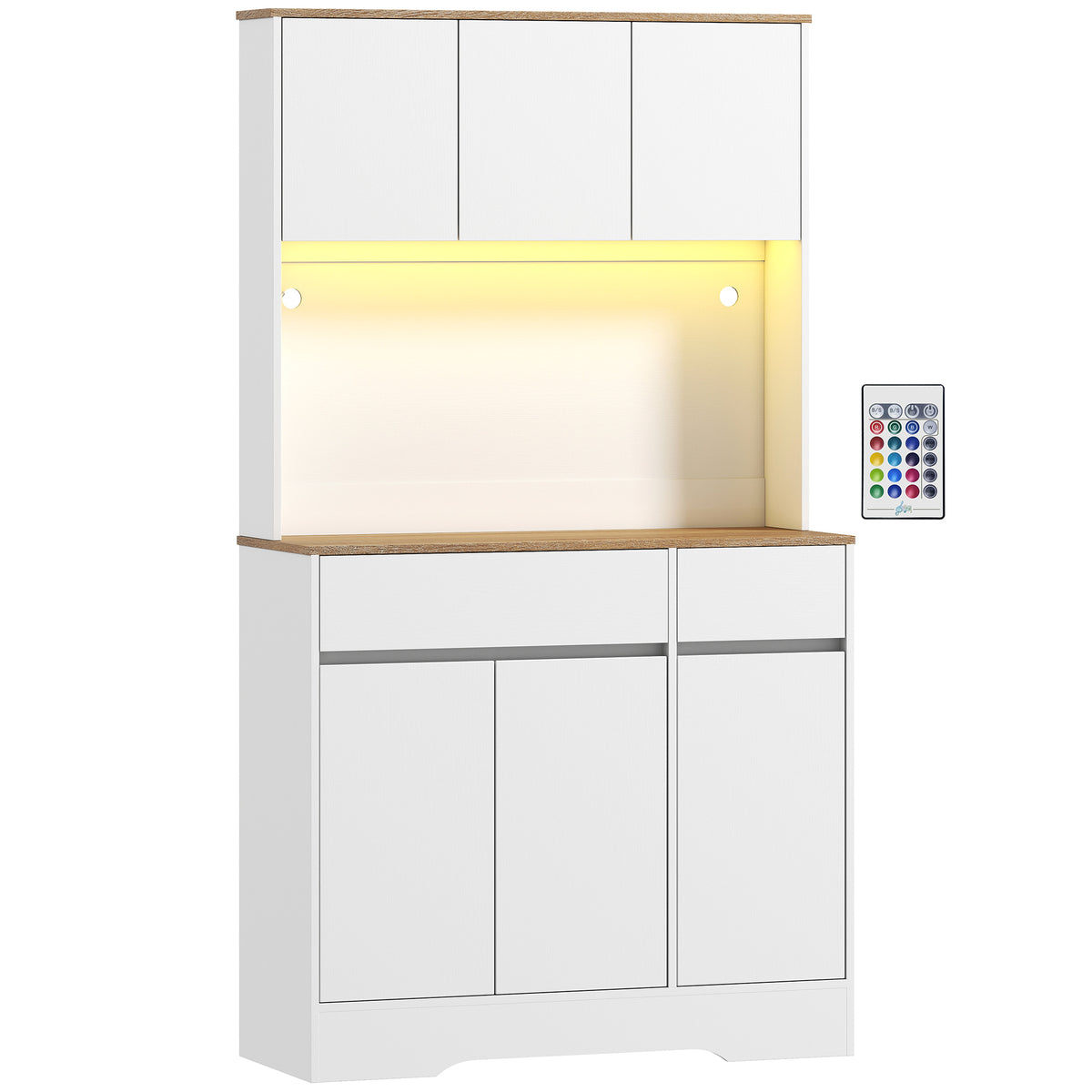 Buffet cuisine meuble cuisine rangement haut avec lumière LED RGB, plan de travail, 6 portes, 2 tiroirs, blanc-0