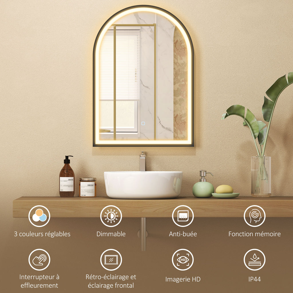 Miroir salle de bain avec éclairage 50 x 70 cm, miroir LED arqué, anti-buée, 3 couleurs lumière, dimmable, mémoire, noir-3
