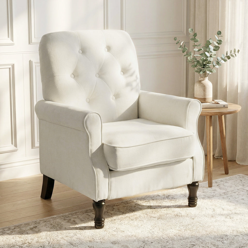 Fauteuil de salon, canapé 1 place avec assise rembourrée épaisse, coussin à ressorts, tissu en lin, 69x75x90cm, crème-1