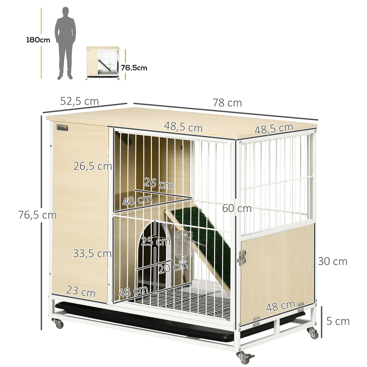 Cage à lapin clapier sur roulettes toit ouvrant plates-formes avec plateau amovible 78 x 52,5 x 76,5 cm naturel-2