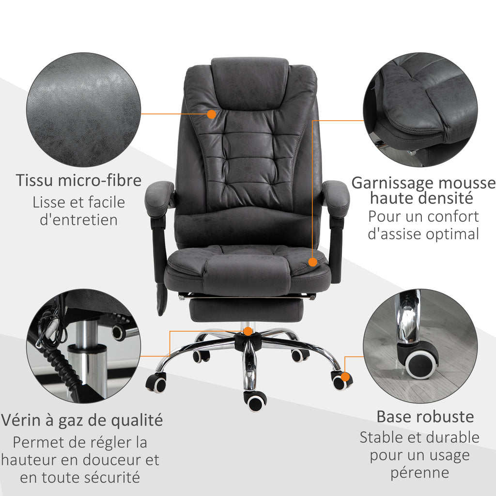 Fauteuil de bureau massant chauffant hauteur réglable dossier inclinable repose-pied + coussin lombaires intégrés-7