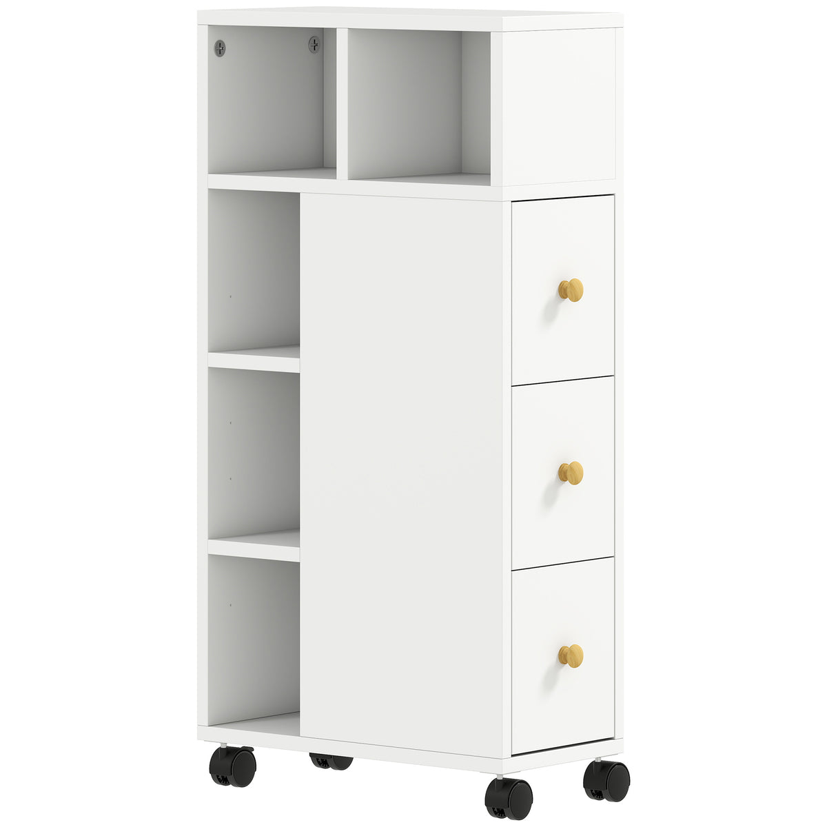 Meuble de salle de bain à roulettes, meuble de rangement étroit, 3 tiroirs, 5 compartiments ouverts,  20x40x80cm, blanc-0