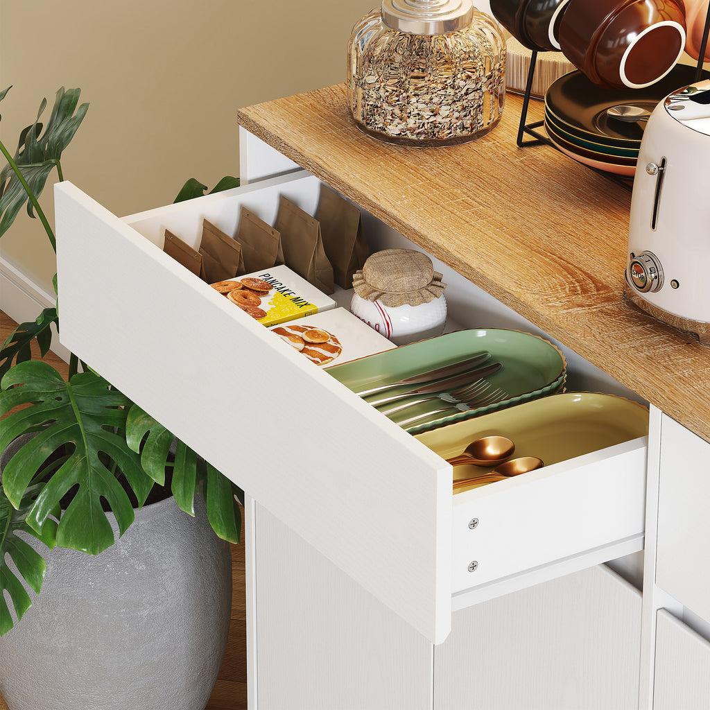 Buffet cuisine meuble cuisine rangement haut avec lumière LED RGB, plan de travail, 6 portes, 2 tiroirs, blanc-8