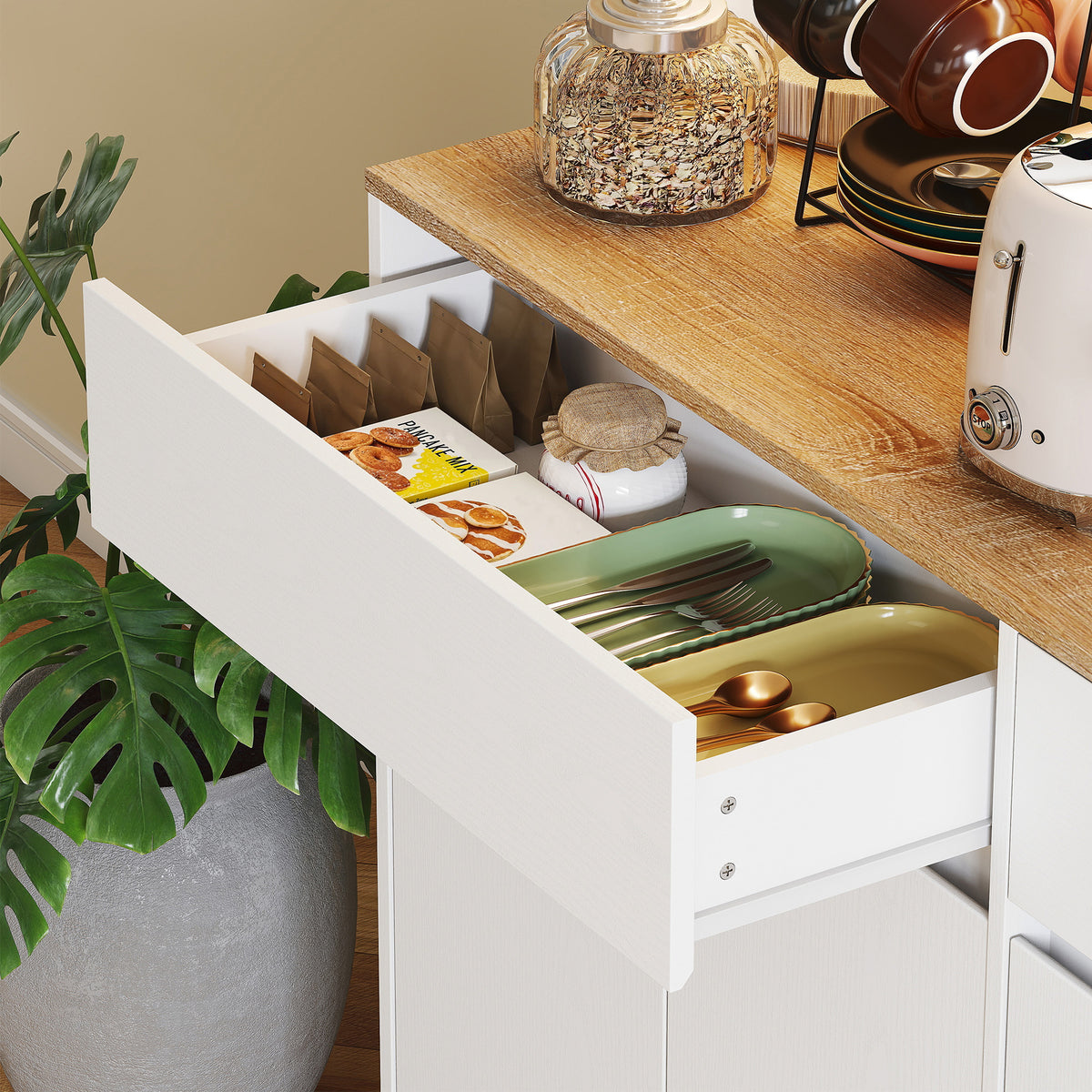 Buffet cuisine meuble cuisine rangement haut avec lumière LED RGB, plan de travail, 6 portes, 2 tiroirs, blanc-8