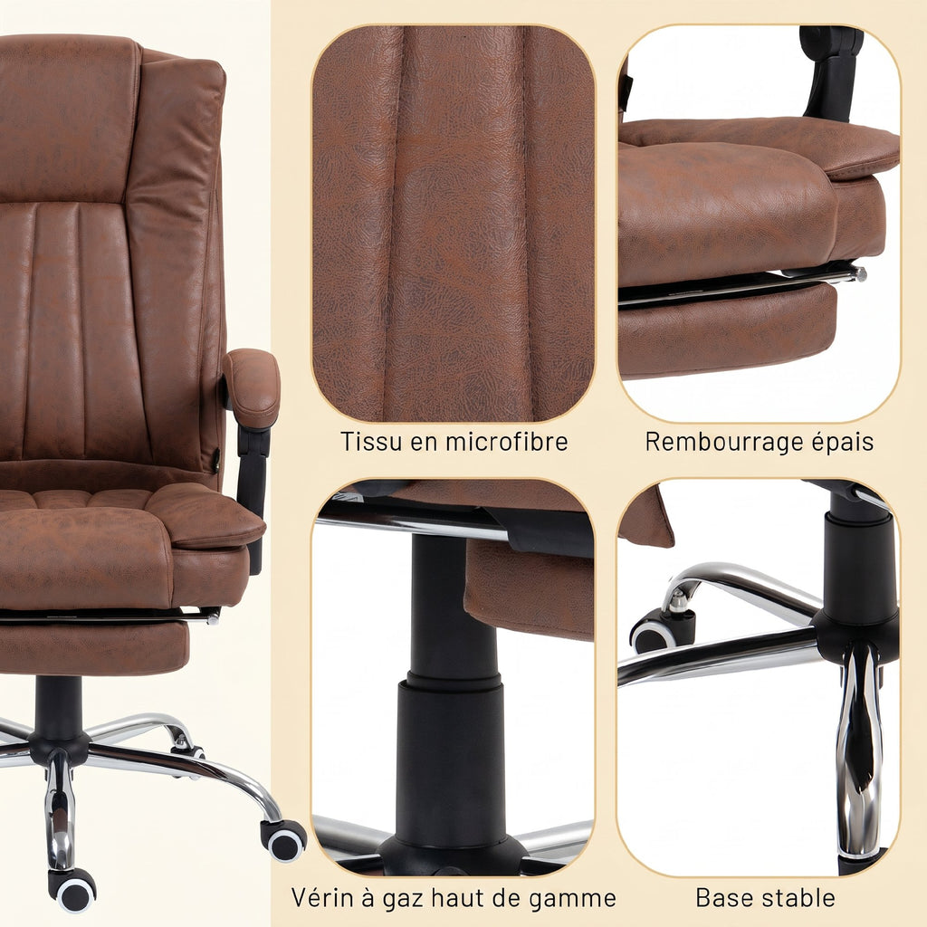 Fauteuil de bureau massant et chauffant avec hauteur réglable, dossier inclinable, repose-pied et télécommande, marron-6