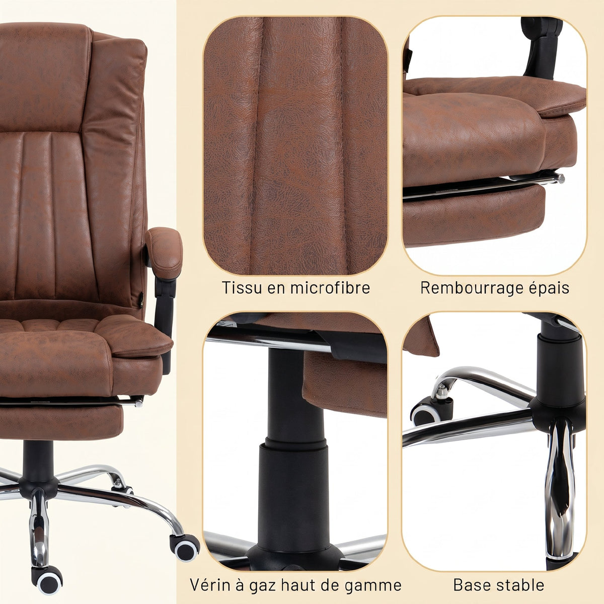 Fauteuil de bureau massant et chauffant avec hauteur réglable, dossier inclinable, repose-pied et télécommande, marron-6