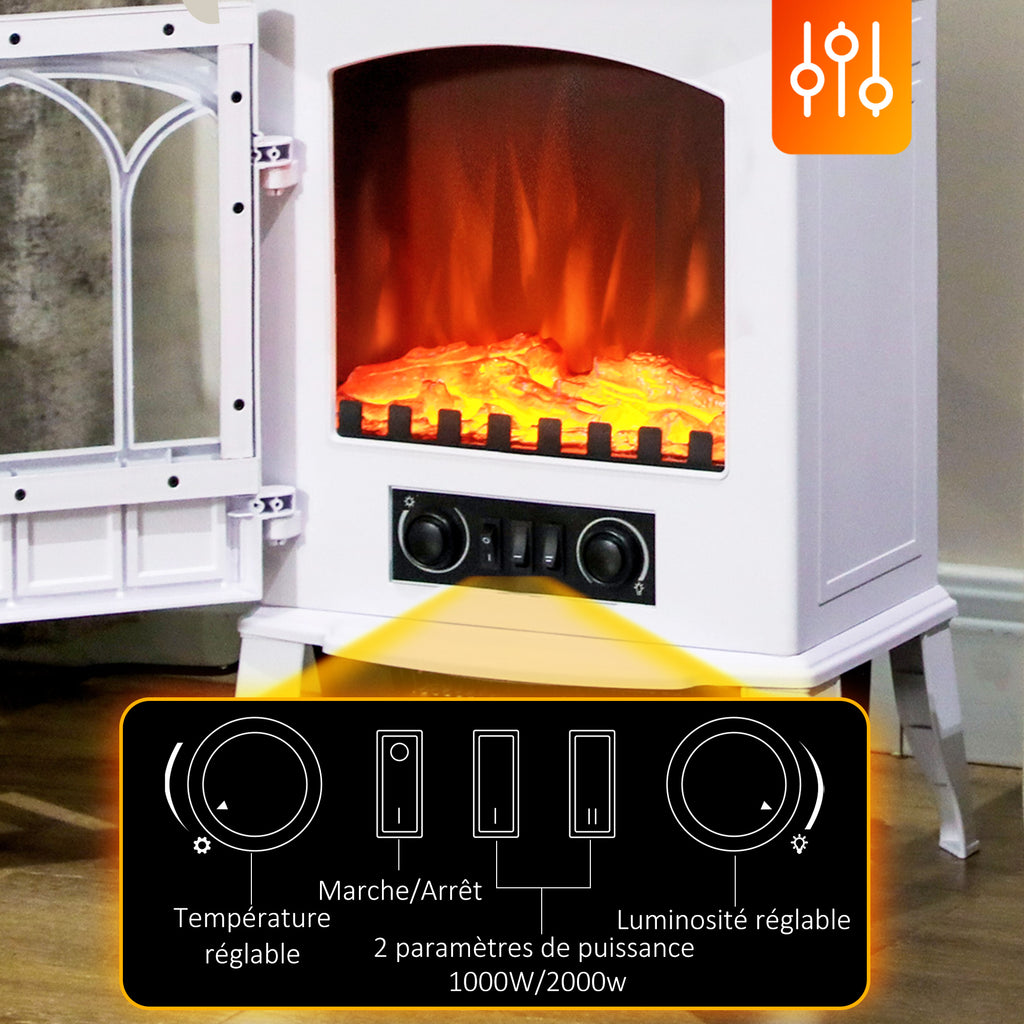 Cheminée électrique sur pied 1000/2000 W, fausse cheminée décorative avec effet flamme LED, blanc-4