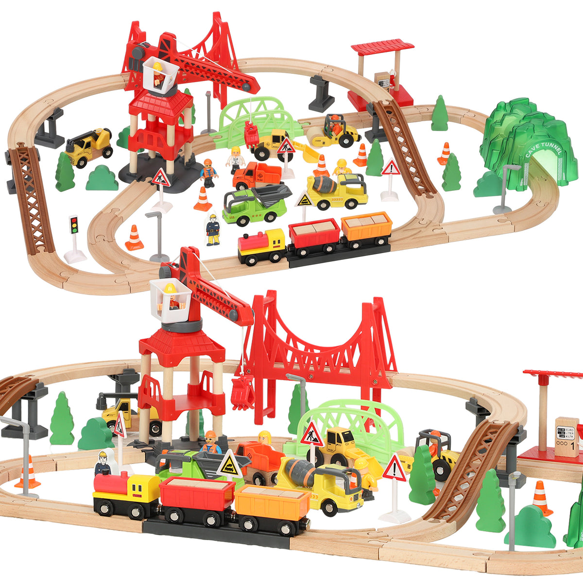 Circuit Train en Bois Enfant 91 Pièces avec Rails, Véhicules de Chantier, Pont, Sonores, 86,1x76,1x25cm, Multicolore-0