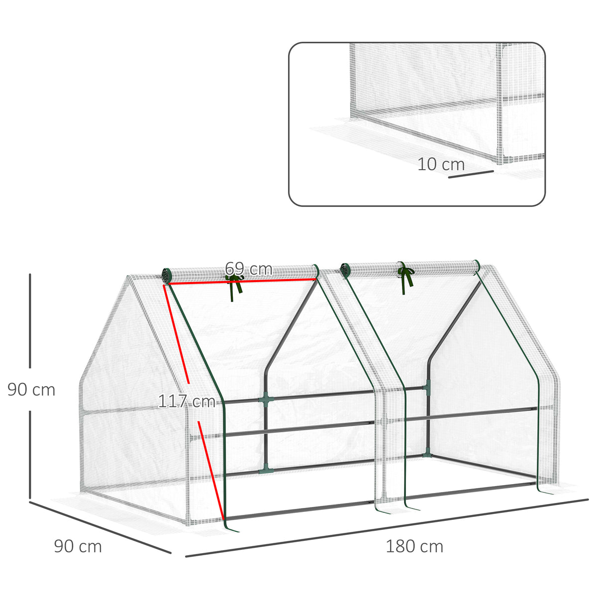 Mini Serre de Jardin mini serre tunnel 180L x 90l x 90H cm toit pointu Acier PE 140 g/m² Anti-UV fenêtres avec-2