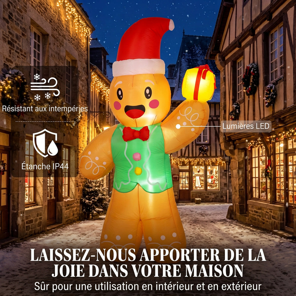 Bonhomme Pain d'Épice Gonflable de Noël 2,5 m avec Lumières LED, Boîte Cadeau et Souffleur, Intérieur et Extérieur-3