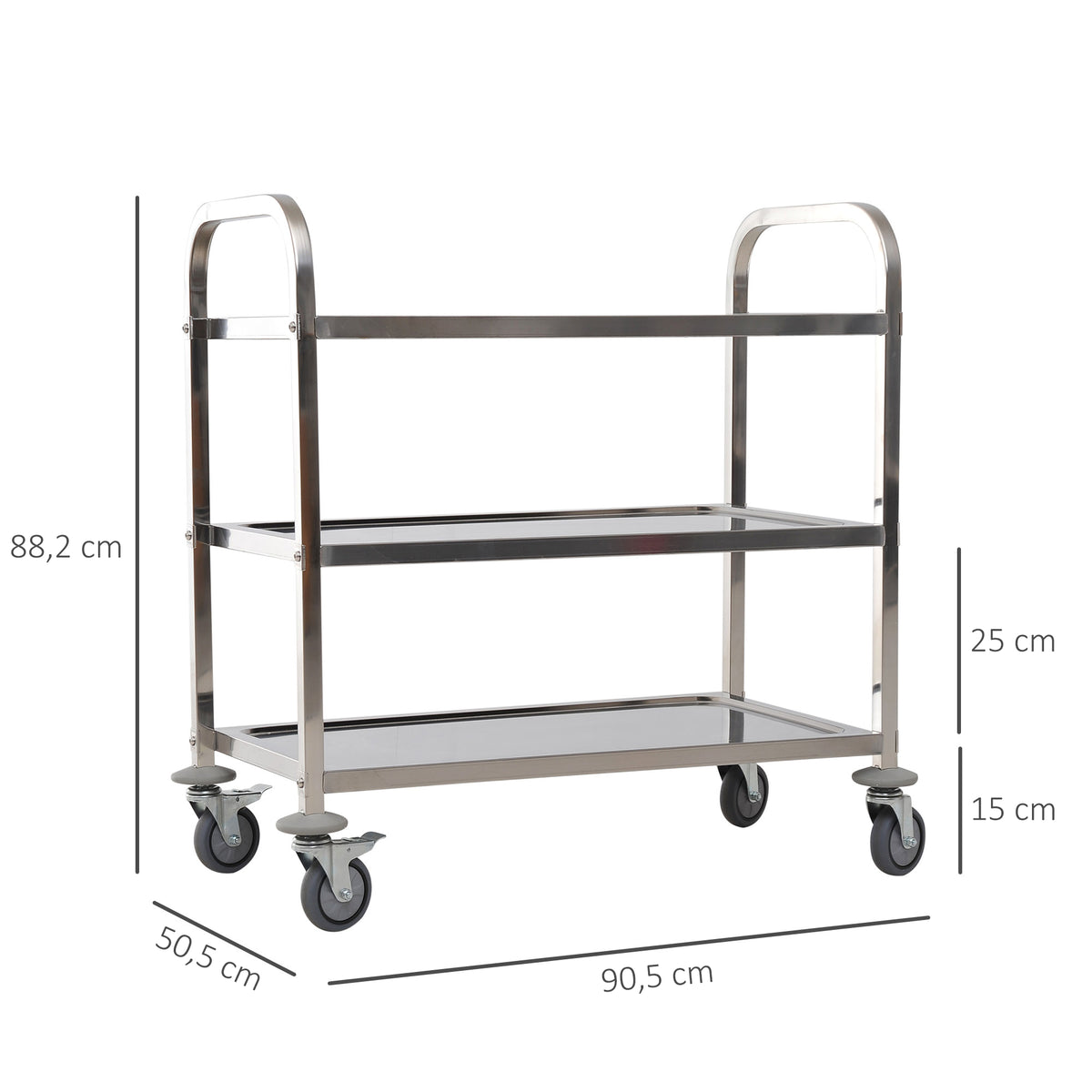 Desserte de cuisine à roulettes à 3 étagères, chariot de rangement en acier inox., chariot de cuisine et salle à manger, 90,5 x 50,5 x 88,2 cm, argenté-2