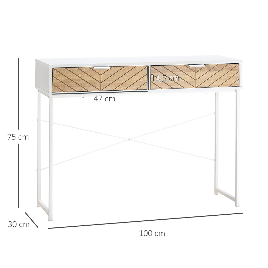 Table Console Industriel 2 tiroirs Aspect Bois de chêne sculpté Motif à Chevrons piètement métal Blanc-2