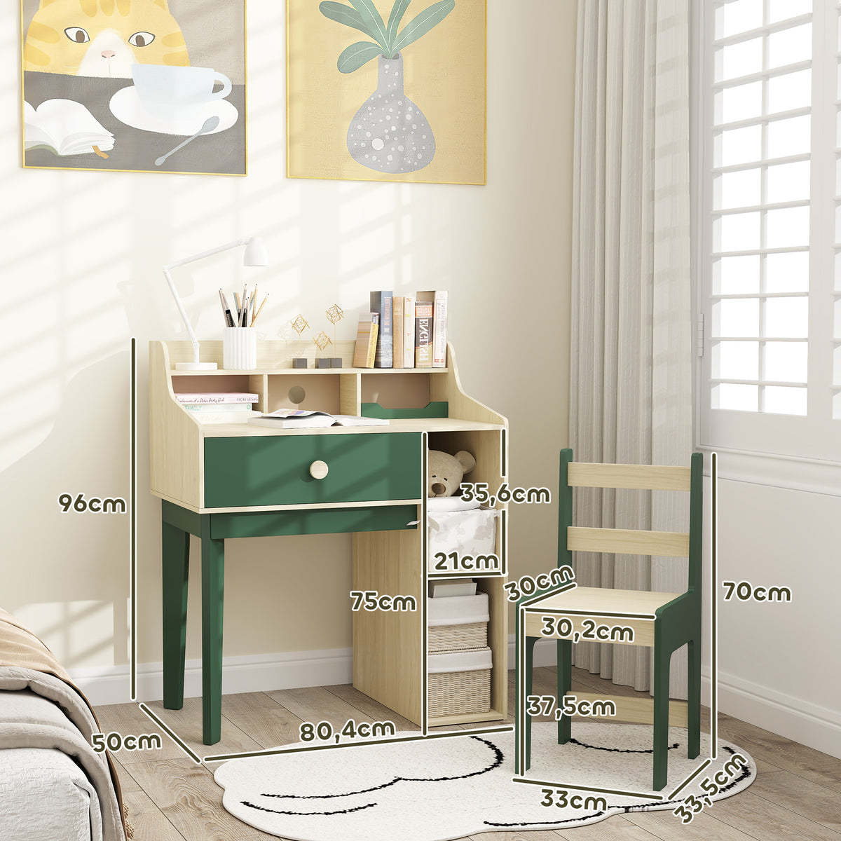 Ensemble bureau et chaise pour enfant avec étagères de rangement et tiroir, mobilier pour enfants de 3 à 10 ans, vert-2