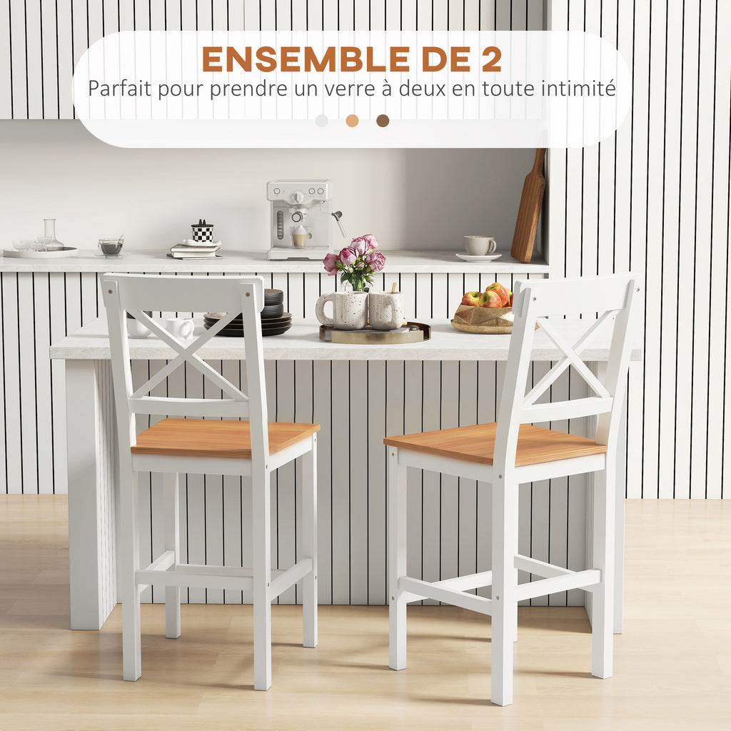 Lot de 2 tabourets de bar, chaises hautes campagne, dossier haut et repose-pieds, 41x46x97,5cm, blanc et bois naturel-3