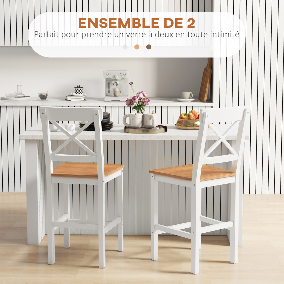 Lot de 2 tabourets de bar, chaises hautes campagne, dossier haut et repose-pieds, 41x46x97,5cm, blanc et bois naturel-3