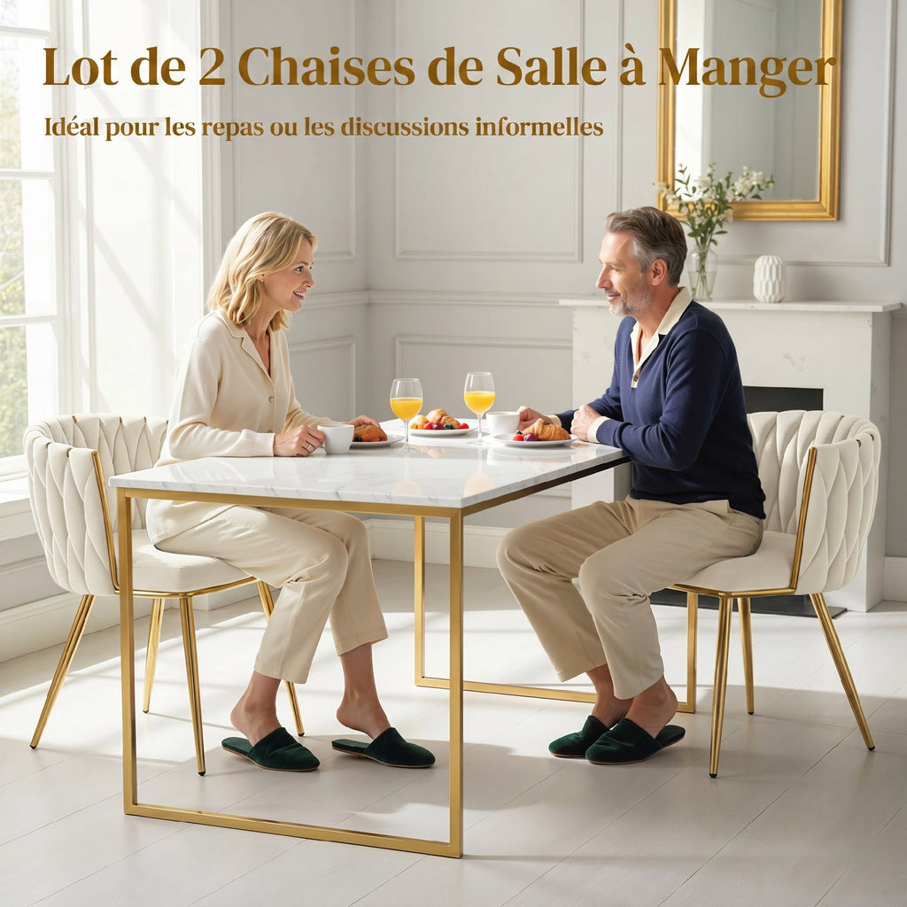 Lot de 2 chaises de salle à manger, chaises de cuisine rembourrées en velours avec dossier tressé et accoudoirs, crème-3