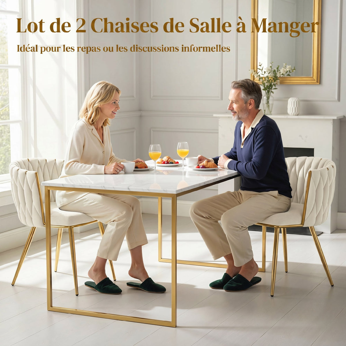 Lot de 2 chaises de salle à manger, chaises de cuisine rembourrées en velours avec dossier tressé et accoudoirs, crème-3