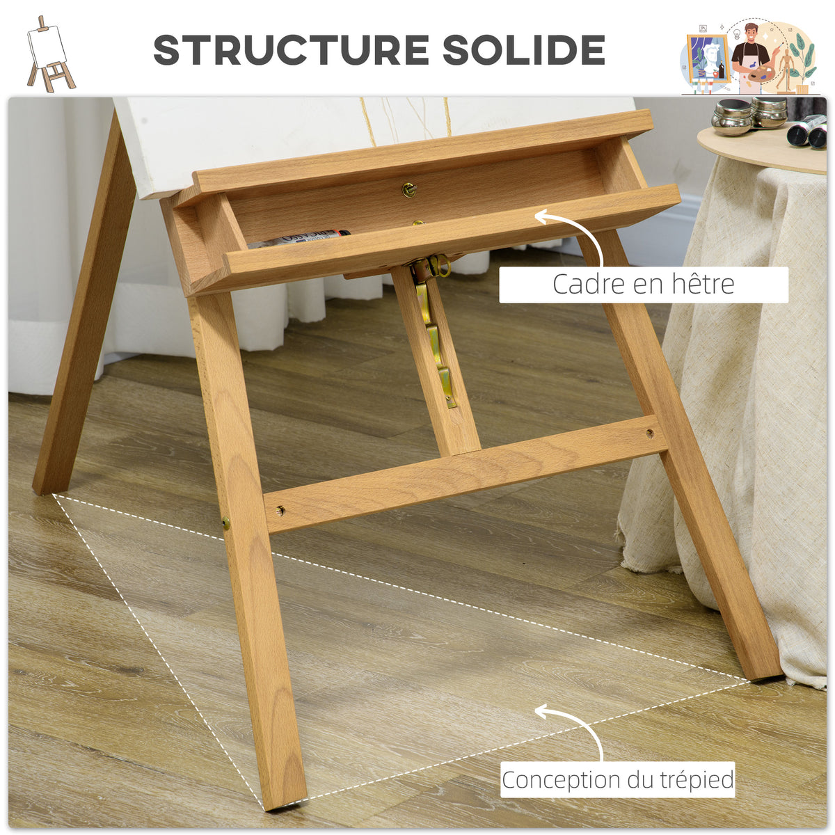 Chevalet de peinture pliant en hêtre avec hauteur et angle réglables, 65x110x180-235 cm, bois naturel-4