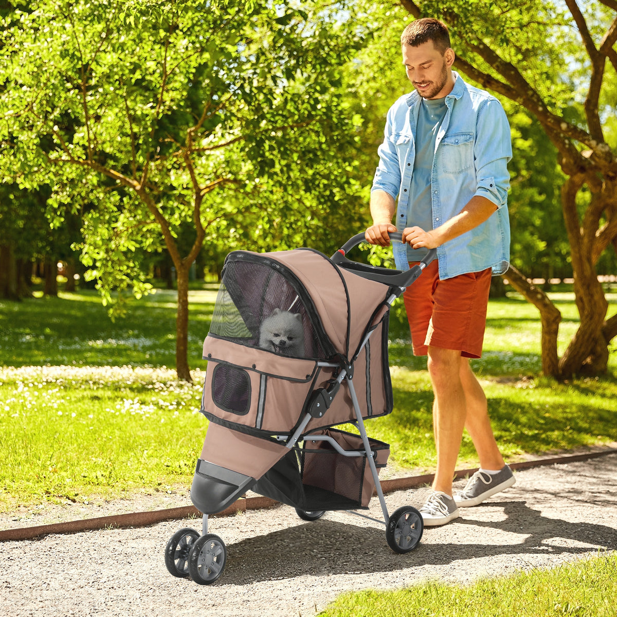 Poussette Buggy Pliable Animaux, Chariot Pliant Chien Chat, Porte-Gobelet Panier de Rangement Inclus, Roues avec Frein, Tissu 600D Oxford Acier, 75 x 45 x 97 cm Marron-1