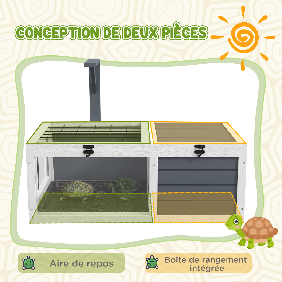 Maison enclos cage pour petit animal tortue avec 2 espaces support de lampe 81 x 48 x 31,5 cm gris-3