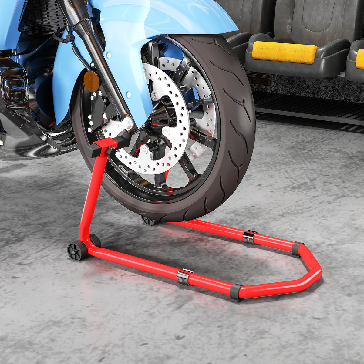 Béquille roue avant arrière charge 390kg béquille d'atelier moto bras réglable en acier, fourche en forme de U + L rouge-1