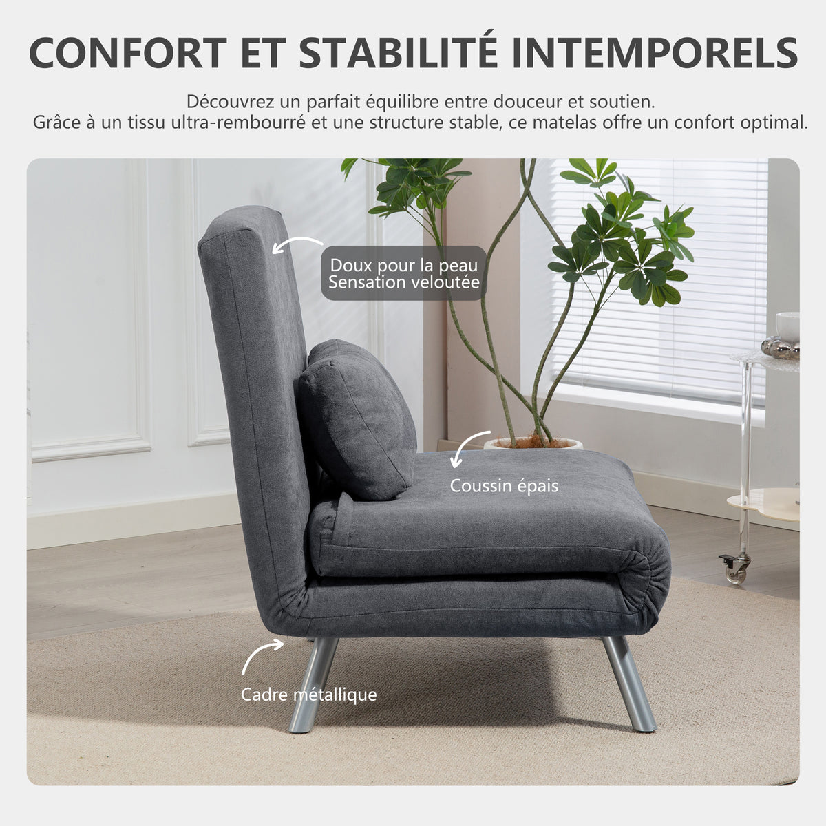 Fauteuil convertible 1 place, fauteuil-lit clic-clac 3 en 1 avec dossier réglable, oreiller, assise large, gris foncé-5