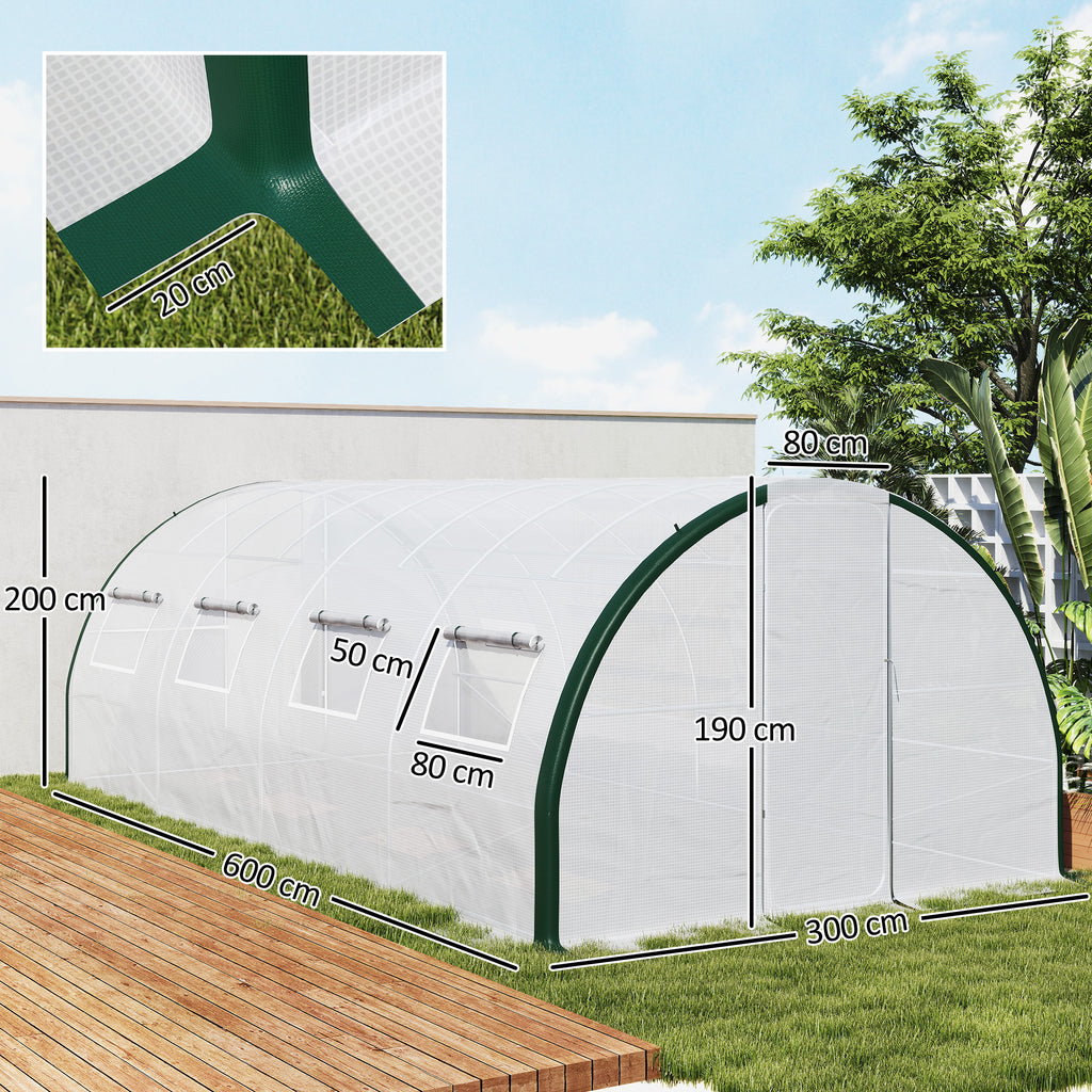 Serre tunnel de jardin 18m², serre de jardin tunnel avec portes et 8 fenêtres, bâche PE 140g/m² 600 x 300 x 200 cm blanc-2