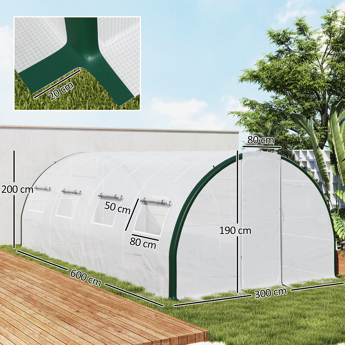 Serre tunnel de jardin 18m², serre de jardin tunnel avec portes et 8 fenêtres, bâche PE 140g/m² 600 x 300 x 200 cm blanc-2
