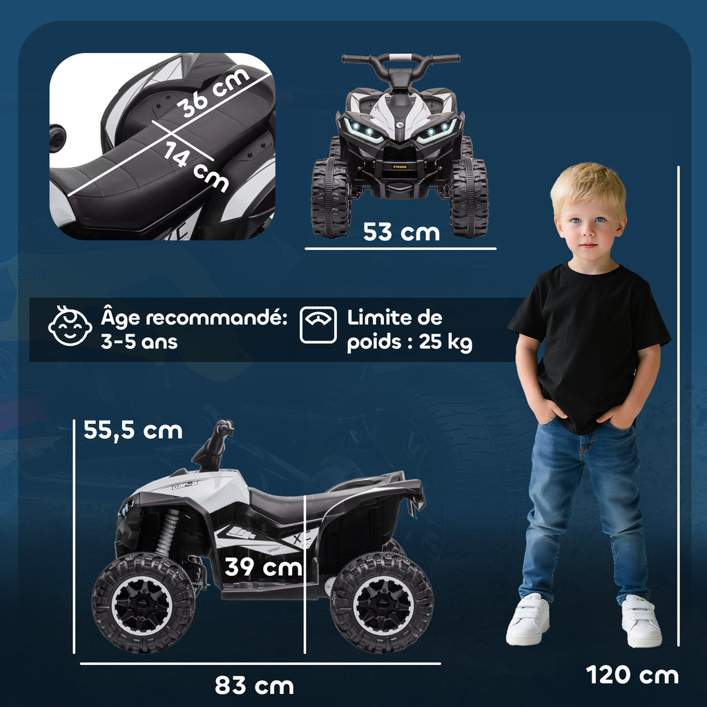 Quad buggy électrique enfant 12 V 6 Km/h max. effets lumineux selle pour enfant 3-5 ans métal PP noir blanc-2