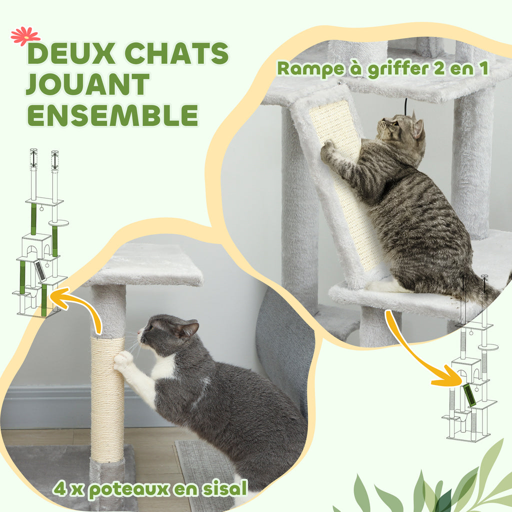Arbre à chat du sol au plafond griffoir pour chat hauteur réglable 225-255 cm 6 niveaux avec niche hamac gris clair-7