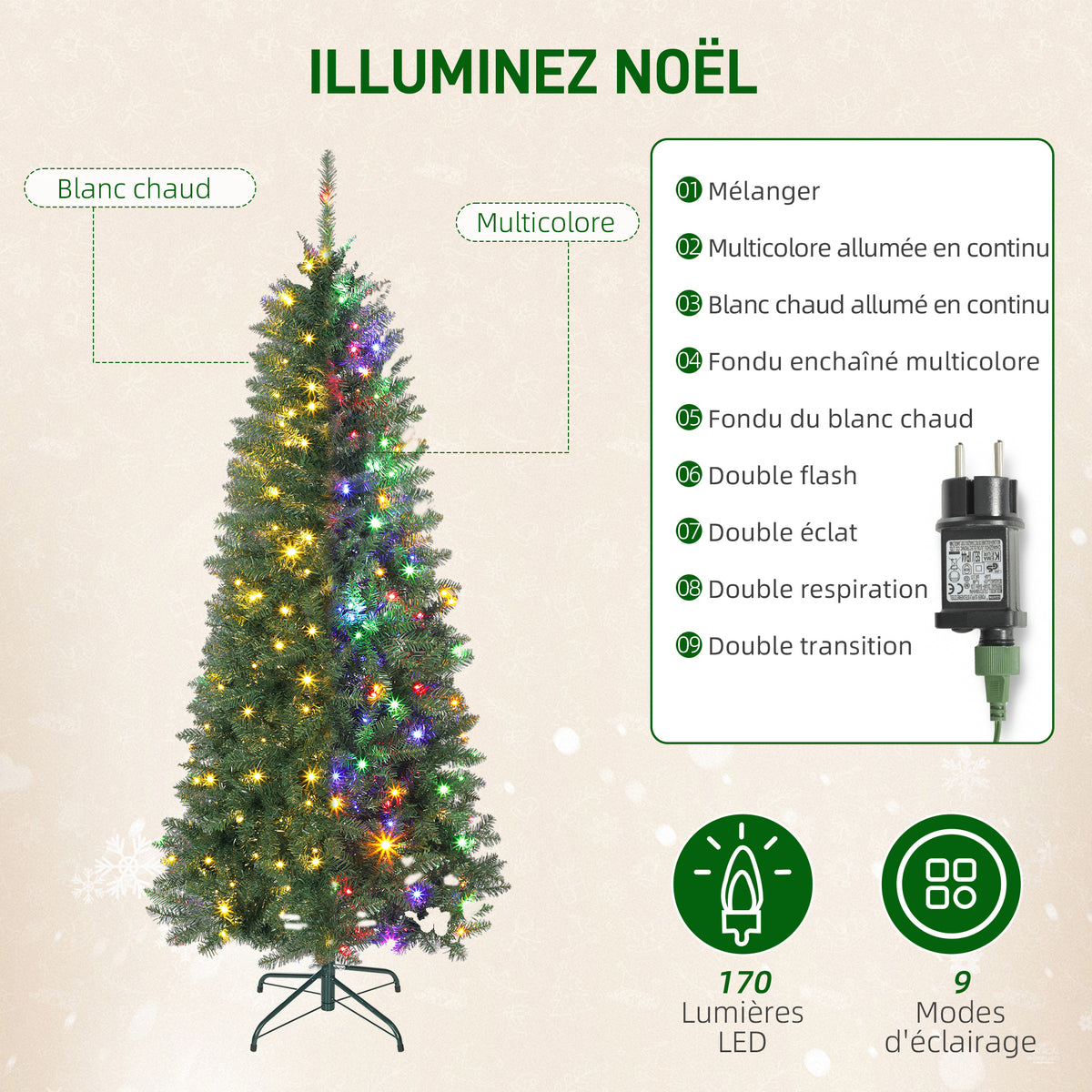 Sapin de Noël artificiel 150 cm, arbre de Noël fin avec 170 lumières, 635 pointes, support en métal pliable, vert-4