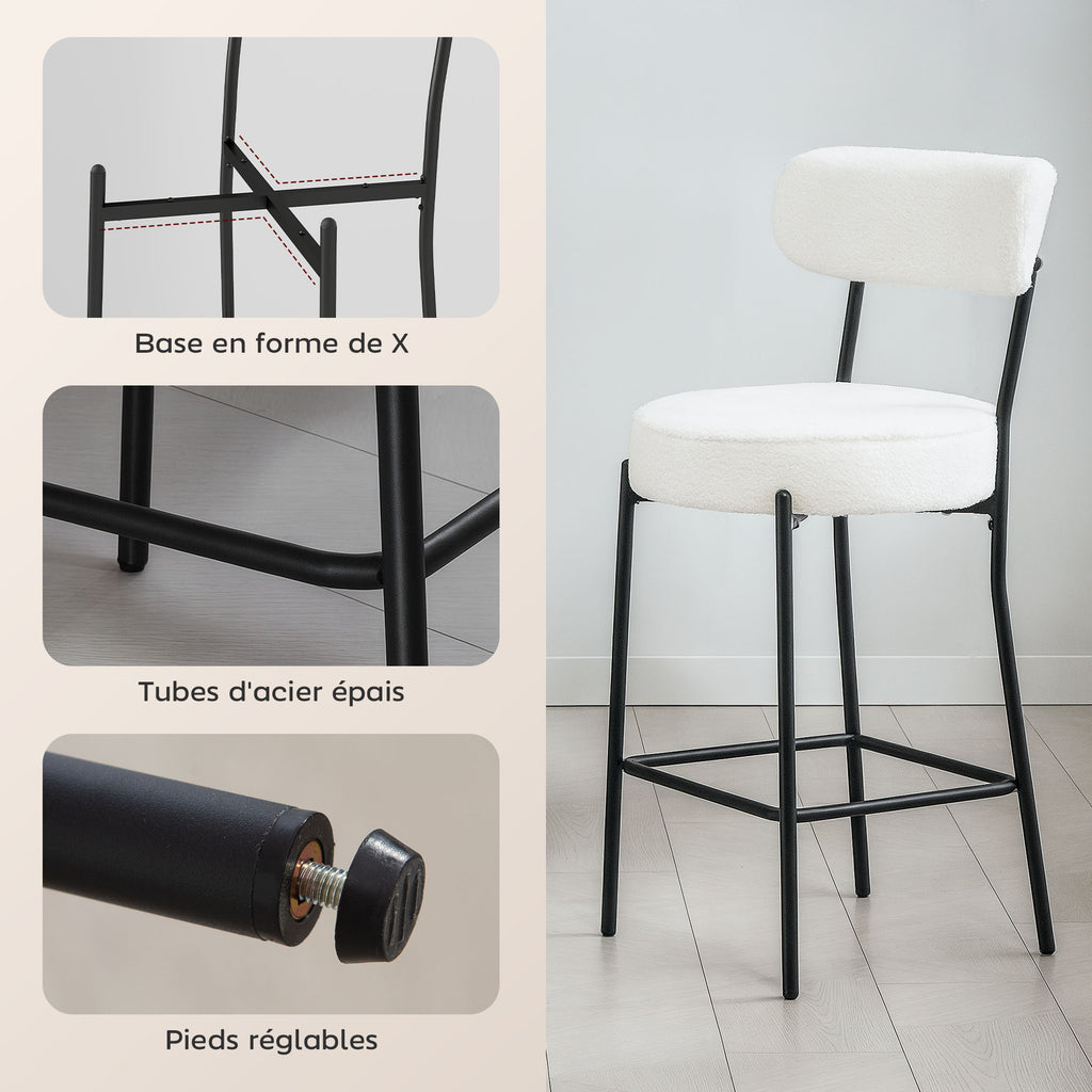 Lot de 2 tabourets de bar en tissu bouclette, chaises de bar avec dossier courbé, repose-pieds, 49x52x95cm, crème-5
