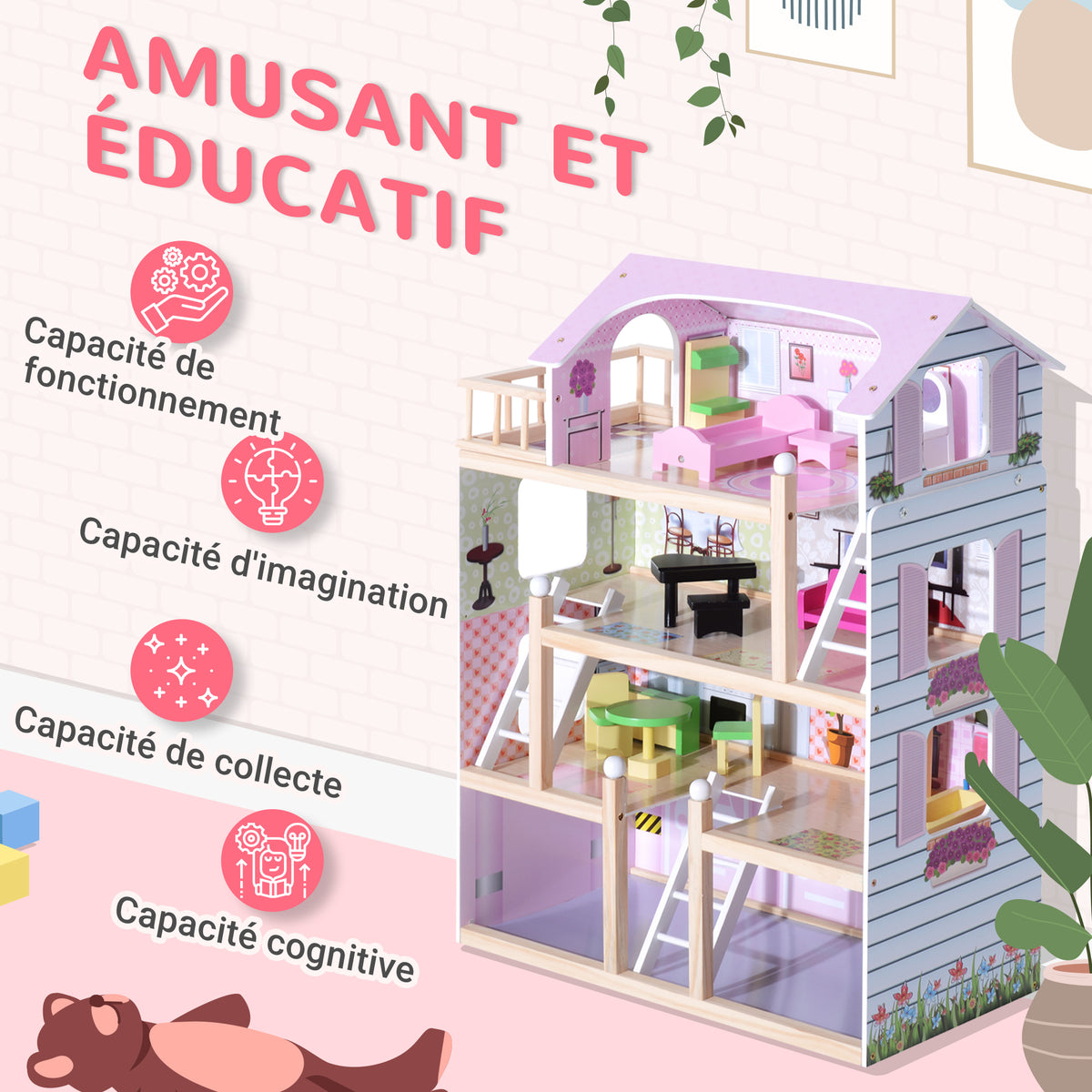 Maison de poupée en Bois Jeu d'imitation 4 Étages pour 3+ ans avec 13 Accessoires Grand réalisme Multi-équipement 60L x 30l x 80H cm Blanc et Rose-4
