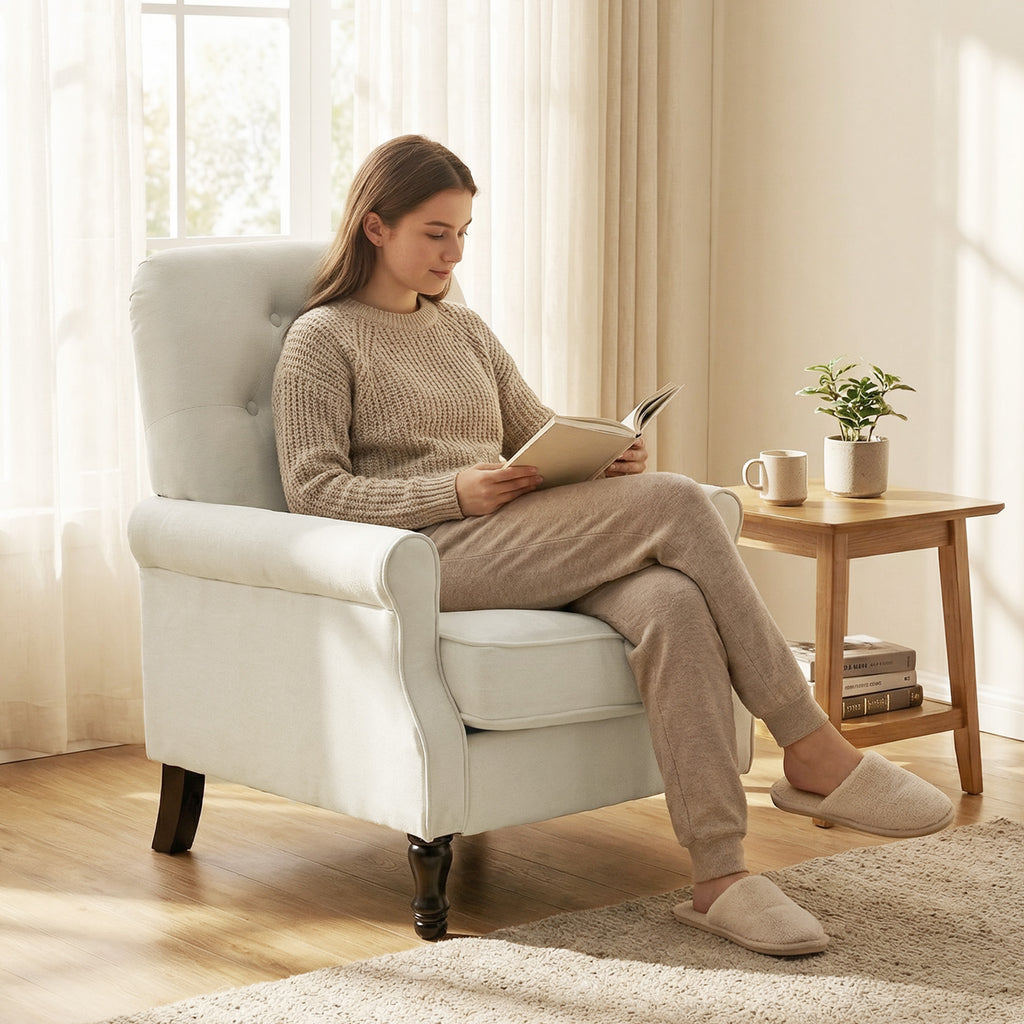 Fauteuil de salon, canapé 1 place avec assise rembourrée épaisse, coussin à ressorts, tissu en lin, 69x75x90cm, crème-9