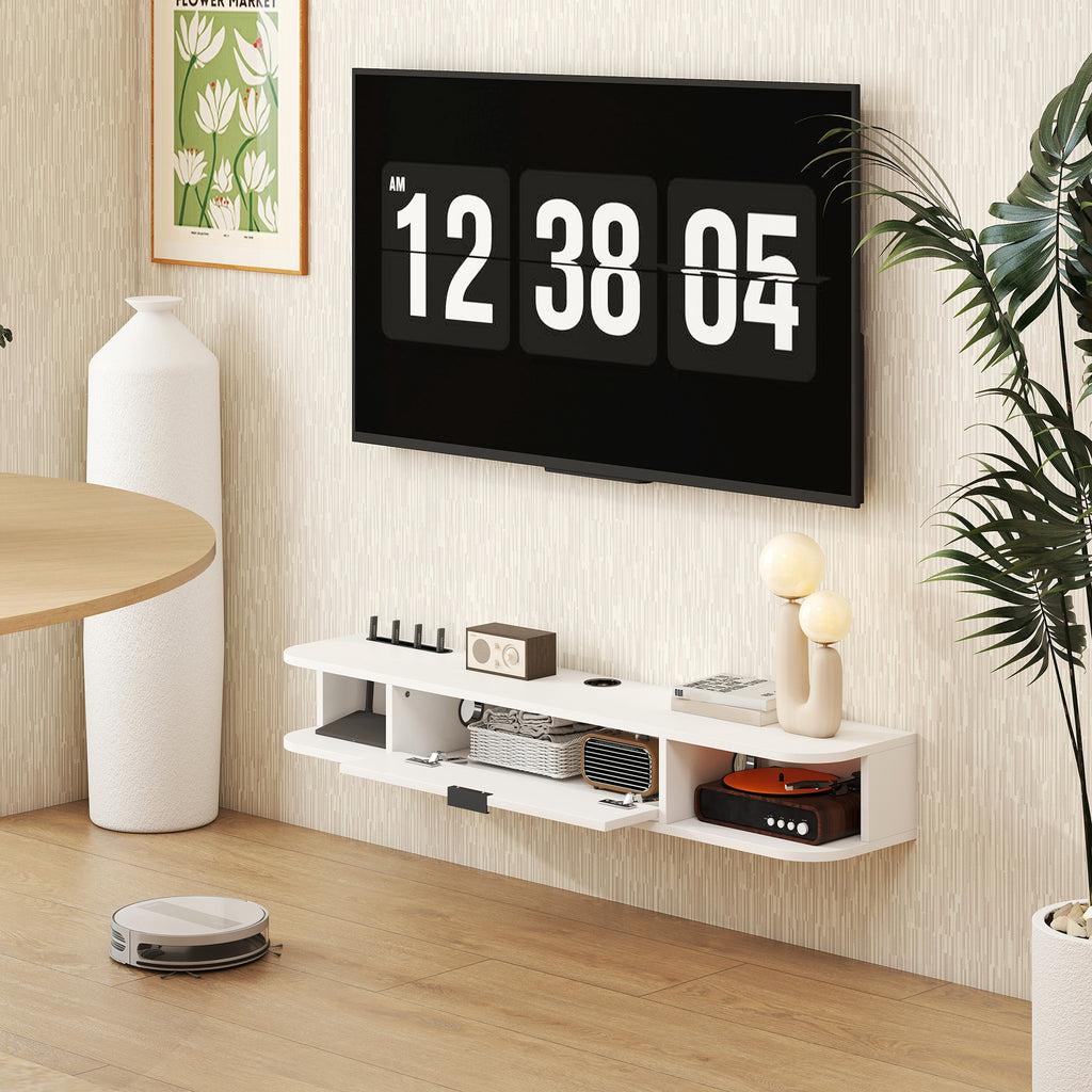 Meuble TV suspendu, meuble télé pour téléviseur jusqu'à 50 pouces, tiroir rabattable 2 étagères 120x24x16cm blanc-9