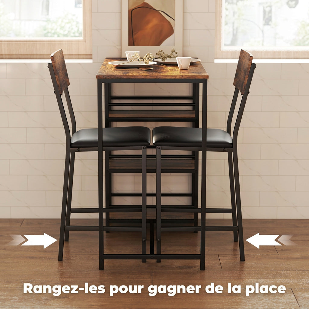Ensemble Table de Bar avec 2 Tabourets, Table Haute de Cuisine et 2 Chaises de Bar Rembourrées PU, Brun Rustique-5