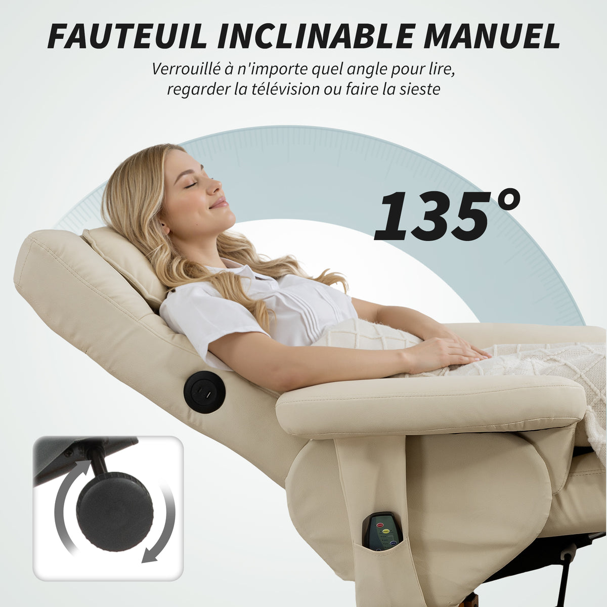 Fauteuil massant avec repose-pied, dossier inclinable jusqu'à 135°, coffre de rangement, télécommande-4