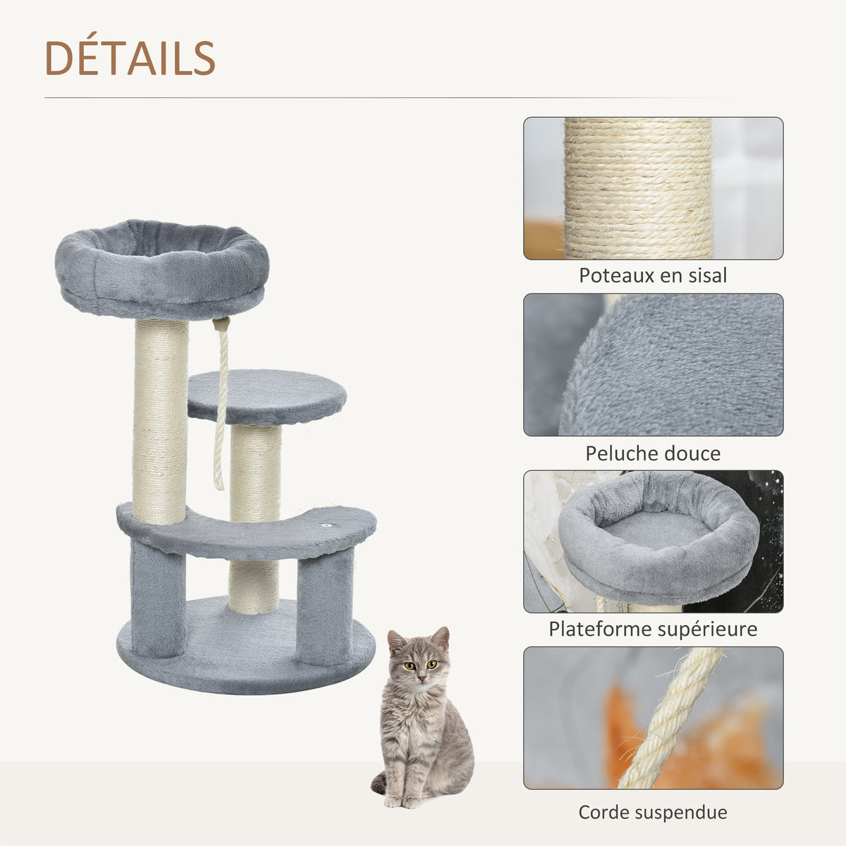 Arbre à chats 2 griffoirs grattoirs sisal naturel 3 plateformes corde à grimper dim. Ø 40 x 65H cm peluche haute densité 500 g/m² gris-4