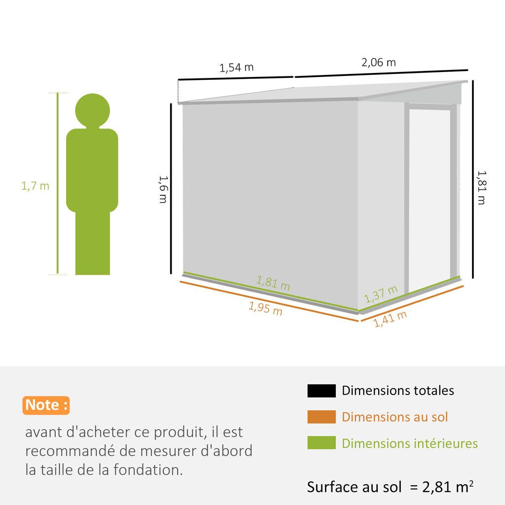 Abri de Jardin 2,81 m² avec Fondation, Abri à Outils Extérieur Adossé en Acier Galvanisé, 154x206,5x181cm, Gris Clair-2
