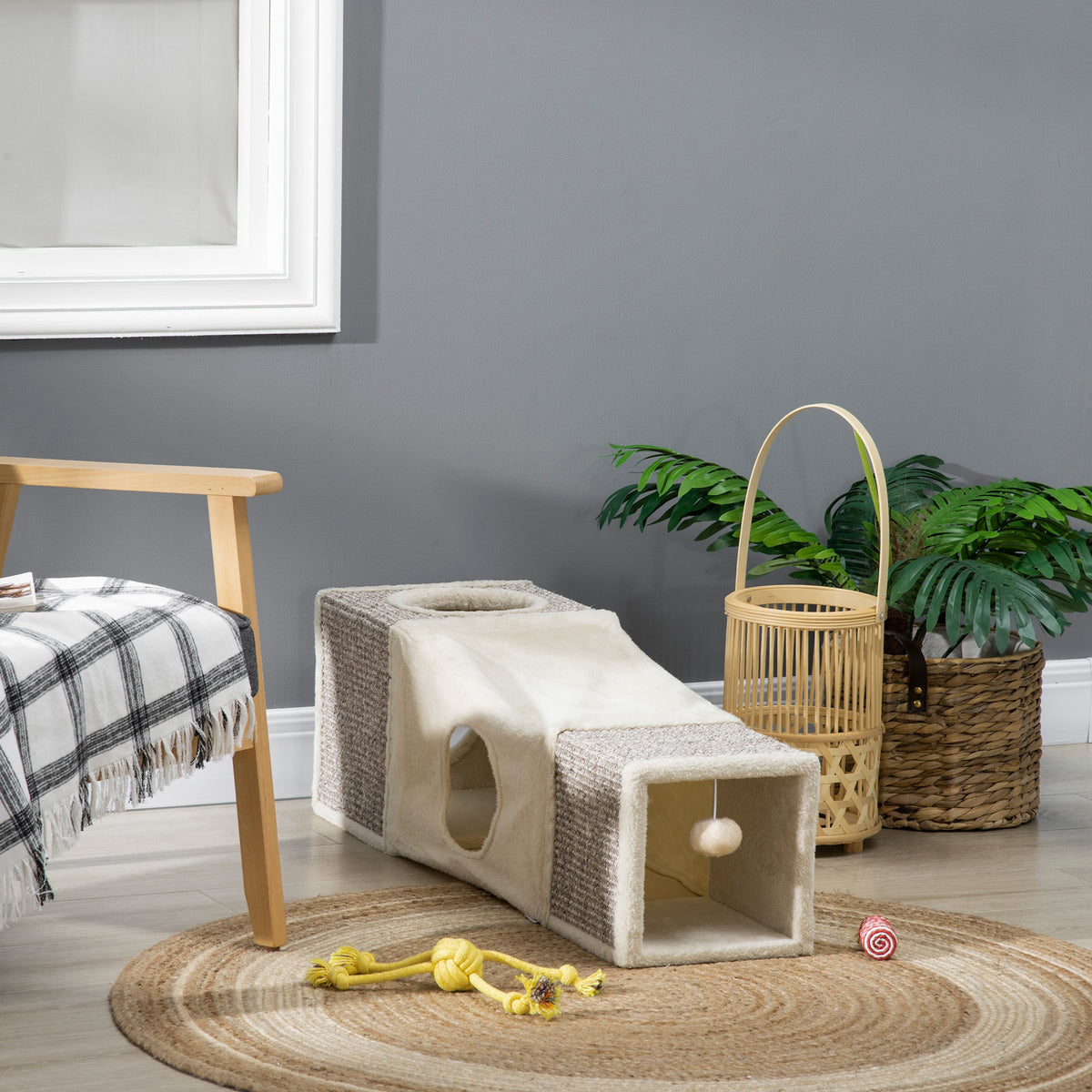 Tunnel pour chat intérieur jouets pour chats avec balle suspendue entrées multiples en sisal 98 x 30 x 30 cm crème-9